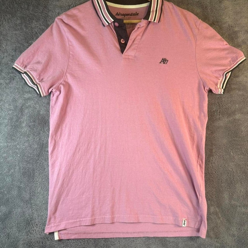Aeropostale Mens Pink A87 Logo Striped Collar Cotton Polo Shirt Size M